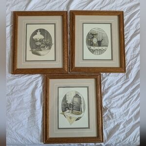 Vintage Inspired Original Art Professionally Framed Set Of 3